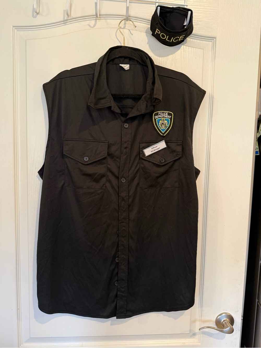 Spirit Halloween black sleeveless police costume shirt w name tag & arm band XL